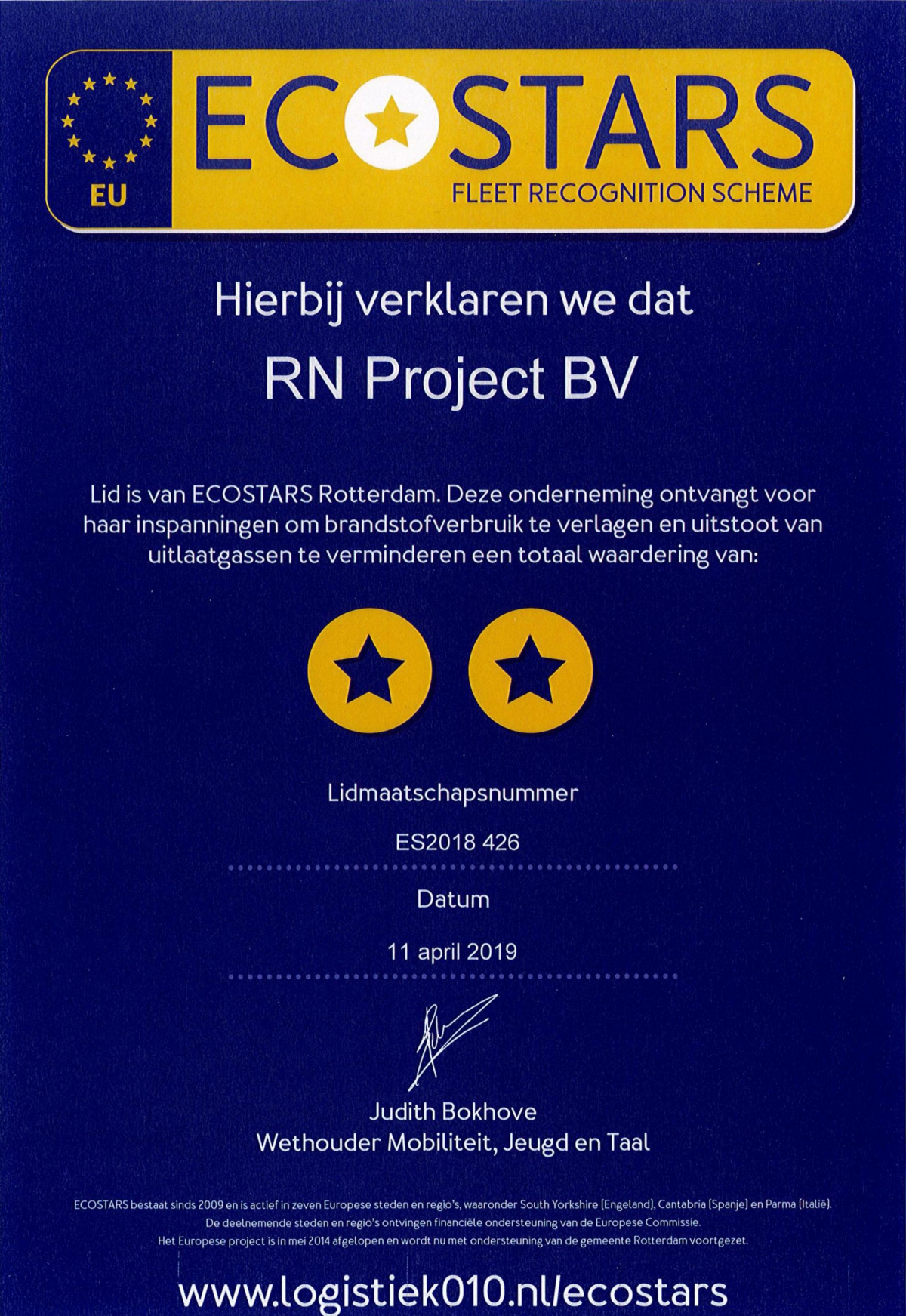 RN Project B.V. behaalt 2 sterren EcoStars